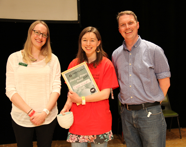 New and Emerging Makers International Visiting Artist Awards 2017: L-R Becky Otter (Potclays), Emily Waugh (Winner), James Otter (Potclays) with teh award made by Lanty Ball