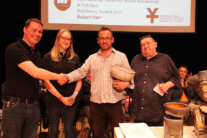 INTERNATIONAL CERAMICS STUDIO KECSKEMÉT RESIDENCY AWARD 2017 ( with ICF & Potclays) L-R Becky Otter (Potclays), James Otter (Potclays), Rob Parr (winner), Steve mattsion (ICS Hungary) 