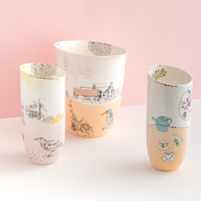 Slipcast bone china vessels with illustrated decoration