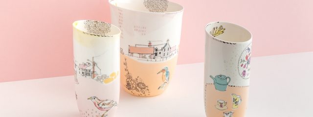 Slipcast bone china vessels with illustrated decoration